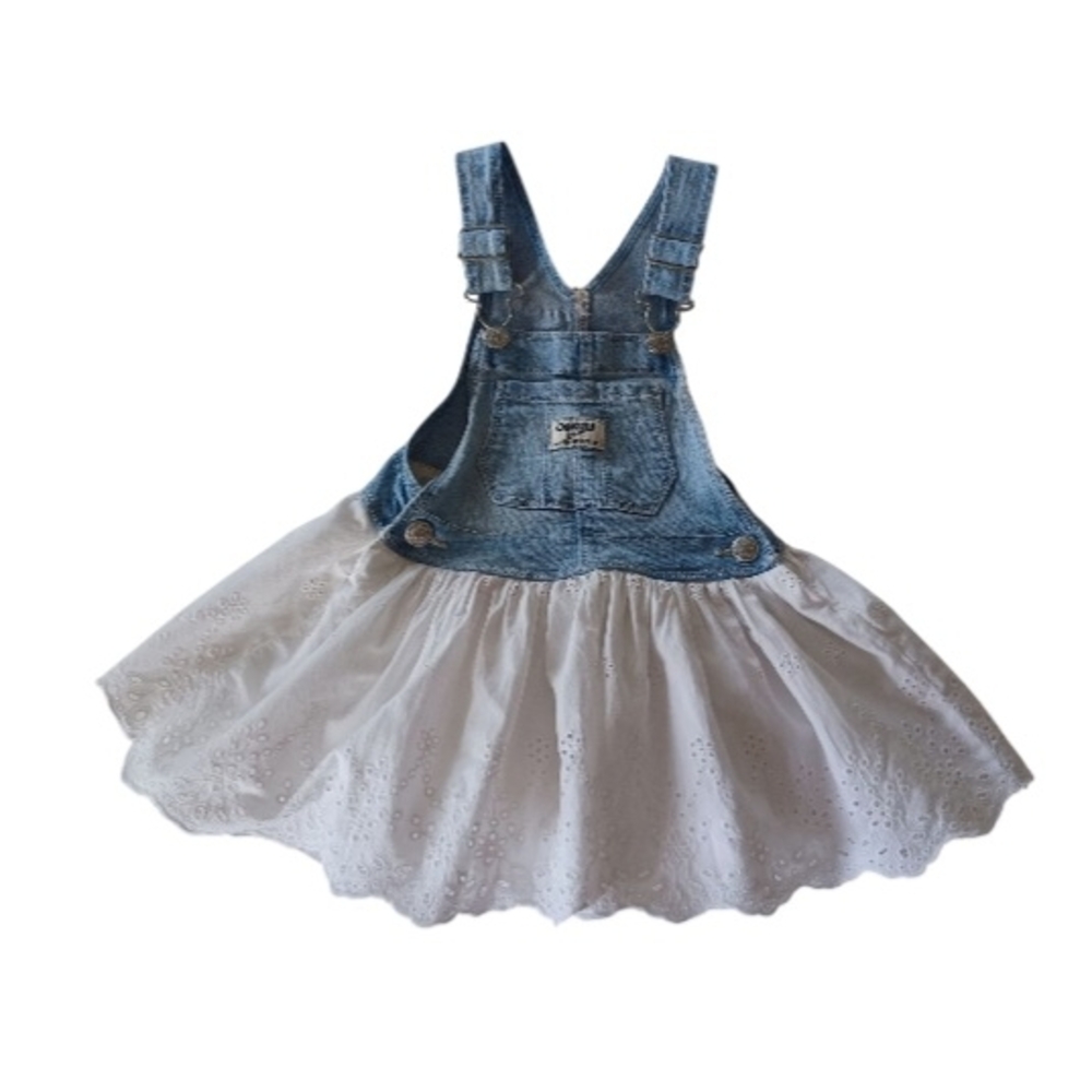 OshKosh B'gosh Overall Denim Dress White Eyelet Skirt, Size 2T